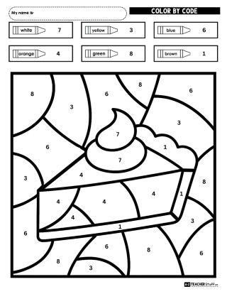 Free Thanksgiving Pie Color by Number Printable Worksheet for Kids